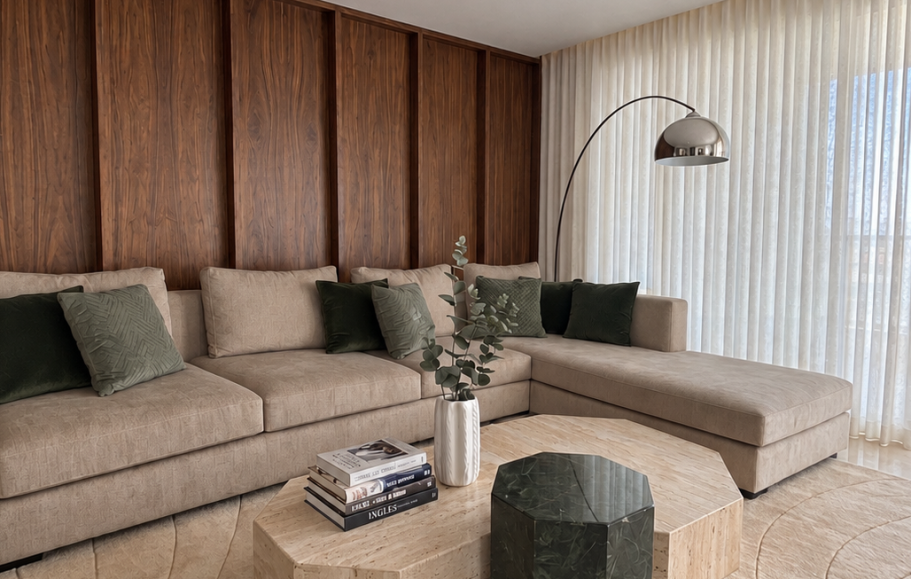Sala moderna con un sofá marrón, mesa de madera y una chimenea minimalista.