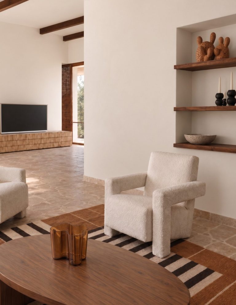 INTERIORISMO FUENGIROLA Salón moderno con sillas de madera, mesa de centro y estantería, con luz natural abundante.