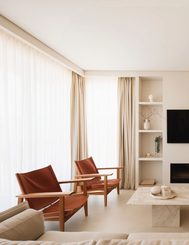 Salón moderno con sillas de madera, mesa de centro y estantería, con luz natural abundante.