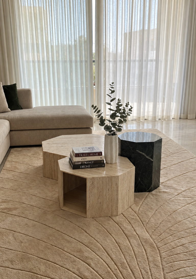 INTERIORISMO FUENGIROLA Salón moderno con sillas de madera, mesa de centro y estantería, con luz natural abundante.