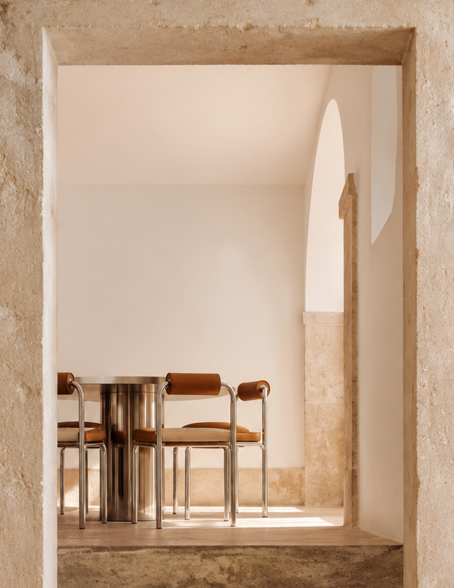 INTERIORISMO FUENGIROLA Salón moderno con sillas de madera, mesa de centro y estantería, con luz natural abundante.