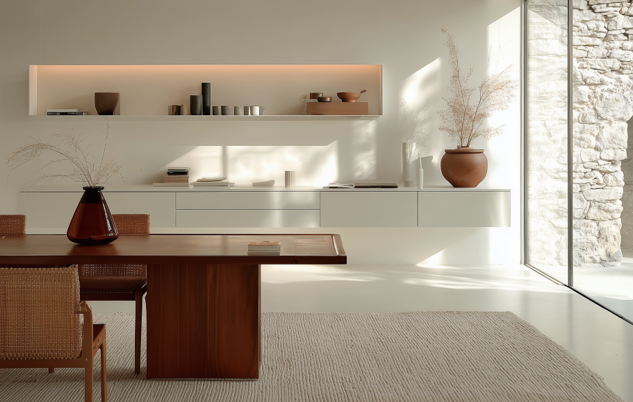 Mesa de madera con sillas, decoración minimalista y luz suave en un espacio moderno.